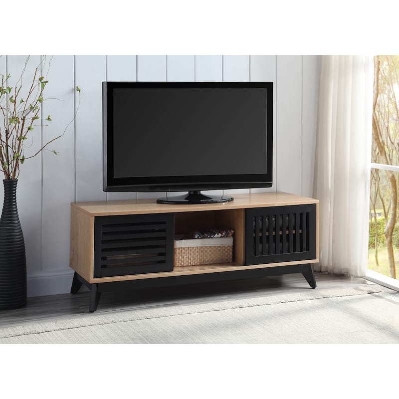Scandinavian Style Oak & Espresso TV Stand with Slatted Sliding Doors